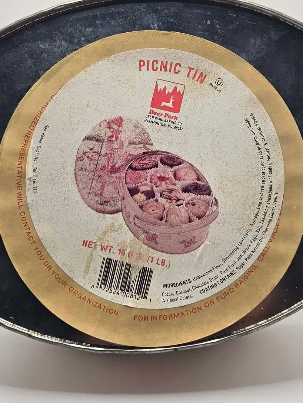 VTG Deer Park Baking Co. Picnic Cookie Tin with Shepherdess Illustration